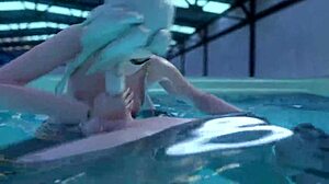 야생 빨아주기 액션으로 3D 후타 수영장 섹스