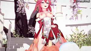 见过Yae Miko在Genshin Impact中与粉发Ahegao女孩狂野性爱吗？