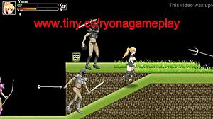 Милая блондинка хентай девчонка трахает нескольких солдат в игре Битва девчонок