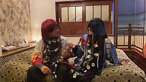 Esposa japonesa disfrazada hace deepthroat en Halloween