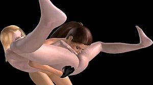 Анимированный 3D мульт: Милые девчонки лижут киску страпоном в стоячем сексе