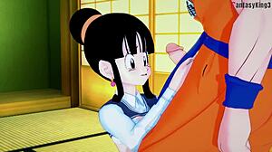Chichi em trio selvagem com Gohan e Goku. Fantasia milf no Dragon Ball Zex!
