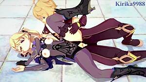 Amber y Fischl con Aether en sexo hentai apasionado de Genshin Impact