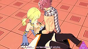 Lucy a Natsu vo Fairy Tail hentai. Horny blowjob a handjob s cumshotom!