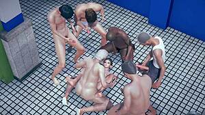 Αδύνατη Κοπέλα σε 3D Καρτούν Γίνεται Gangbang από Ομάδα σε Anime Σκηνή