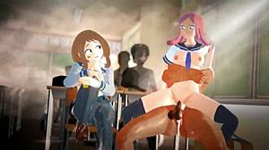 هاتسومي مي من ماي هيرو أكاديميا في هنتاي أنمي مص وكريمباي مع أبطال أوفر واتش في أنيميشن 3D.