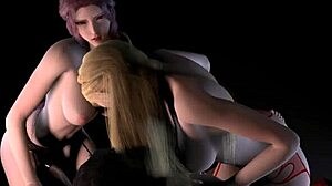 Herregud 3D-threesome med två kurviga slampor blowjobs och creampie