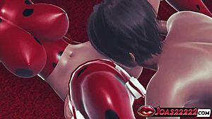 Лейдибъг Rule34 3D Хентай Анимация - Бюстеста Момиче в Горещ Червен Латекс Костюм Получава Масаж на Големите Цици, Дълбок Кунилингус и Начин Римджоб До Интензивен Оргазъм