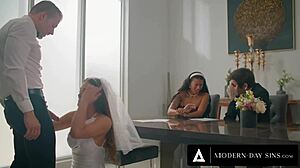 Groom fiercely uses hot bride Gizelle Blanco in front of witnesses. Outdoor public scene.