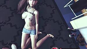 Květinářka Mizushima Marika Rule34 3D Hentai - Busty kráska v krátkých džínových šortkách dává blowjob a handjob na pohovce deepthroat končící masivním cumshotem na těle