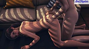 فتاة شعر أسود بثدي كبير تستمتع بلذات فاخرة في مشهد هينتاي 3د حسي.