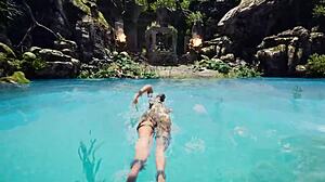 Kipov ogromni kurac se je zbudil v Lara Croftini pički in jo oplodil, razkriva 3D hentai igra.