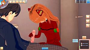 Asuka Langley knullas i toaletten med rödhårig hentai-action