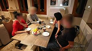 Public humiliation as Publik extreme gets a handjob with a giant cock in a restaurant