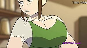 3D cartoon of a chubby barista with lactating boobs