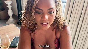 Curvy hot ebony milf Carla Morelli plants for date and fucks chef’s big cock for comfort