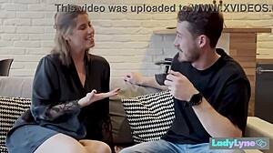 Beautiful woman of the house welcomes a man into her home and gives him deep blow job