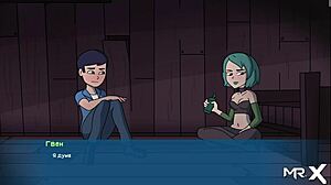 Visual novel-style porn with footjob action at Camp E1-9