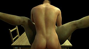 A big black woman is being vigorously fucked on a table