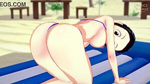 Beautiful woman with big melons wears a bikini in a Dragon Ball Z style cartoon