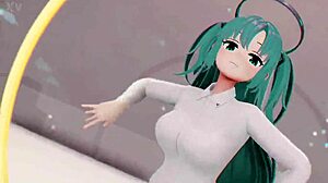 Blue-haired teen Yuuka's sexy undressing and 3D dance