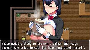 Whore knight Frau bound and drenched outdoors in hentai game.