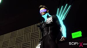 cyber disco sex with nerdy girl in cuffs banged by disco stud