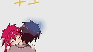Red-haired anime girl gives two guys oral sex and swallows semen