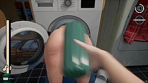 Beautiful anime mom stuck in the washing machine