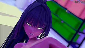 カリン stands bare in a stunning 3d cartoon anime scene, revealing every detail in a bold display. Her presence captivates!