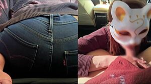 A married woman with a perverted desire gives two blow jobs in a row and shakes her ass while getting a creampie in the car in front of her husband who is picking her up from work