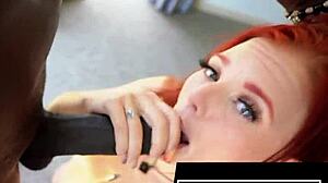 Redhead gives sloppy ahegao blowjob to big black cock