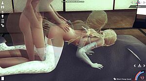 Blonde in white lingerie whips and screws in Honey Select 2 game