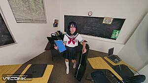 Monster cock penetrates Ryuko's skirt for intense POV sex