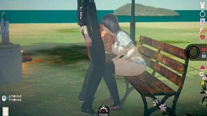 AI girl in 3D CG game shows off huge tits during blowjob.