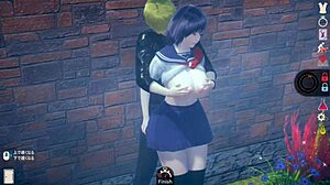 AI girl in 3D CG game shows off huge tits during blowjob.