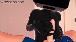 엔더맨 코스튬 입은 노비아 재미있는 섹스 원해 헨타이 패러디 코스튬 정액 마스크 무수정 검은 스팬덱스