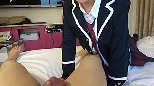 Young Japanese girl in uniform, giving love to her partner