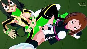 ochako and tsuyu, cute lesbian teens scissoring in hero academia