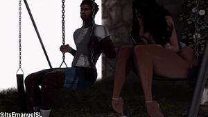Outdoor fucking on a swing set with a big black cock in Second Life. Ebony babe gets deepthroat and pussy licked.