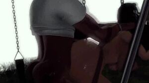 Outdoor fucking on a swing set with a big black cock in Second Life. Ebony babe gets deepthroat and pussy licked.