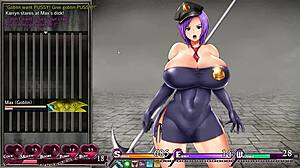 Karryn's Prison Hentai Game Ep 8 features huge tits warden seducing a monster orc in latex miniskirt