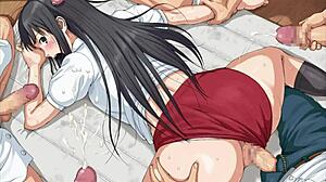 Hentai gallery compilation contrasts blonde ebony gangbang with anal creampie cumshots