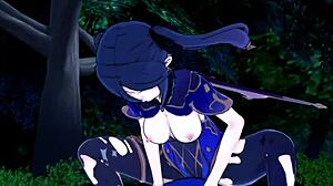 Mona from Genshin Impact loses her virginity to slime creatures in the wild sex park hentai anime scene.