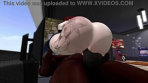 second life scene with black man and redhead woman on a computer desk setup