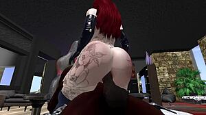 second life scene with black man and redhead woman on a computer desk setup