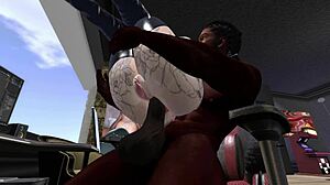 second life scene with black man and redhead woman on a computer desk setup