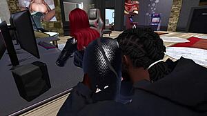 second life scene with black man and redhead woman on a computer desk setup