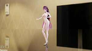 Raiden Mei Nude Dance in 3D Hentai with Glasses and Red Hair