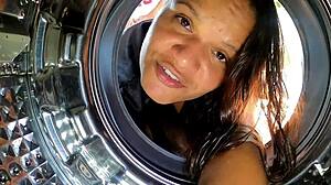 Stuck in washing machine, I asked for help but got fucked hard!